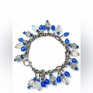 Silver Chain Bracelet with Blue and Iridescent Beads